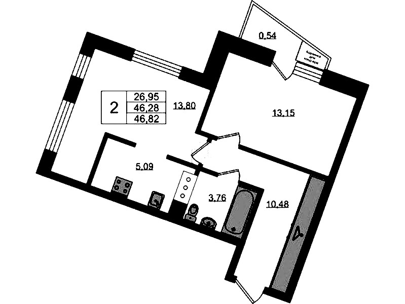 2-комнатная квартира 46.82 м², 9/11 эт., ЖК «VEREN NORT Сертолово»